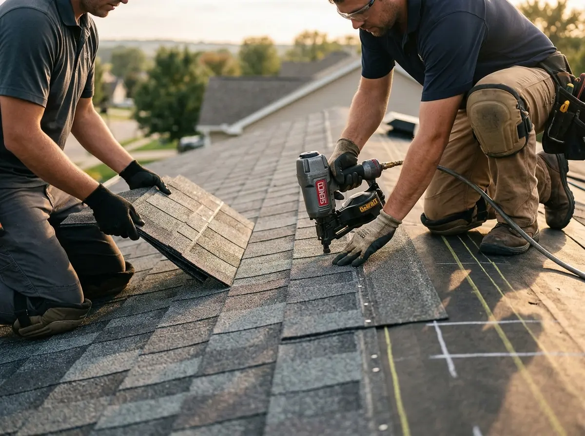 Professional roofer working on a residential roof in East Pikeland